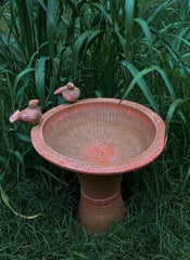 Terracotta Bird Bath with Two Birds
